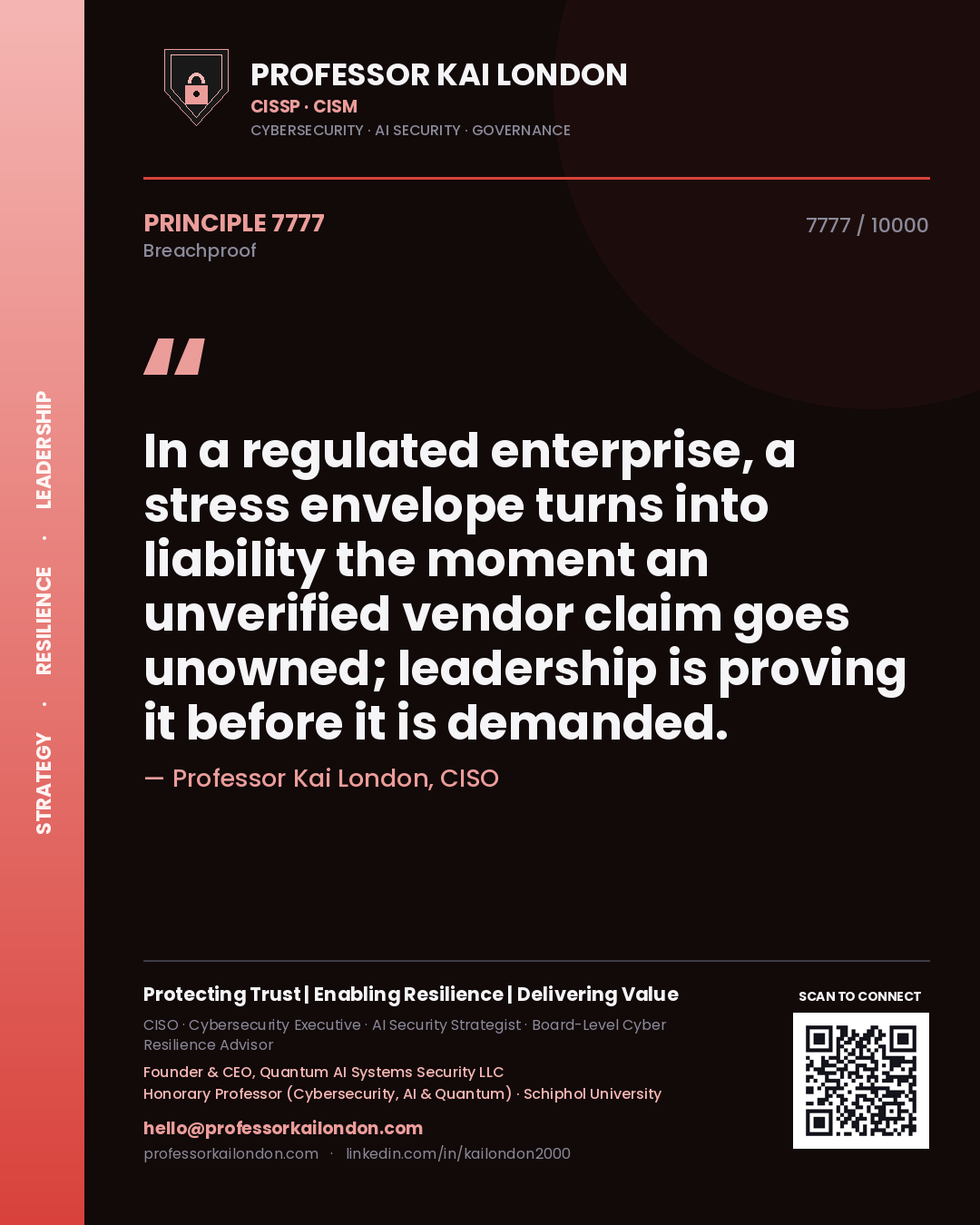 Quote card by Professor Kai London reading 'In a regulated enterprise, a stress envelope turns into liability the moment an unverified vendor claim goes unowned; leadership is proving it before it is demanded.'. From the book Breachproof.