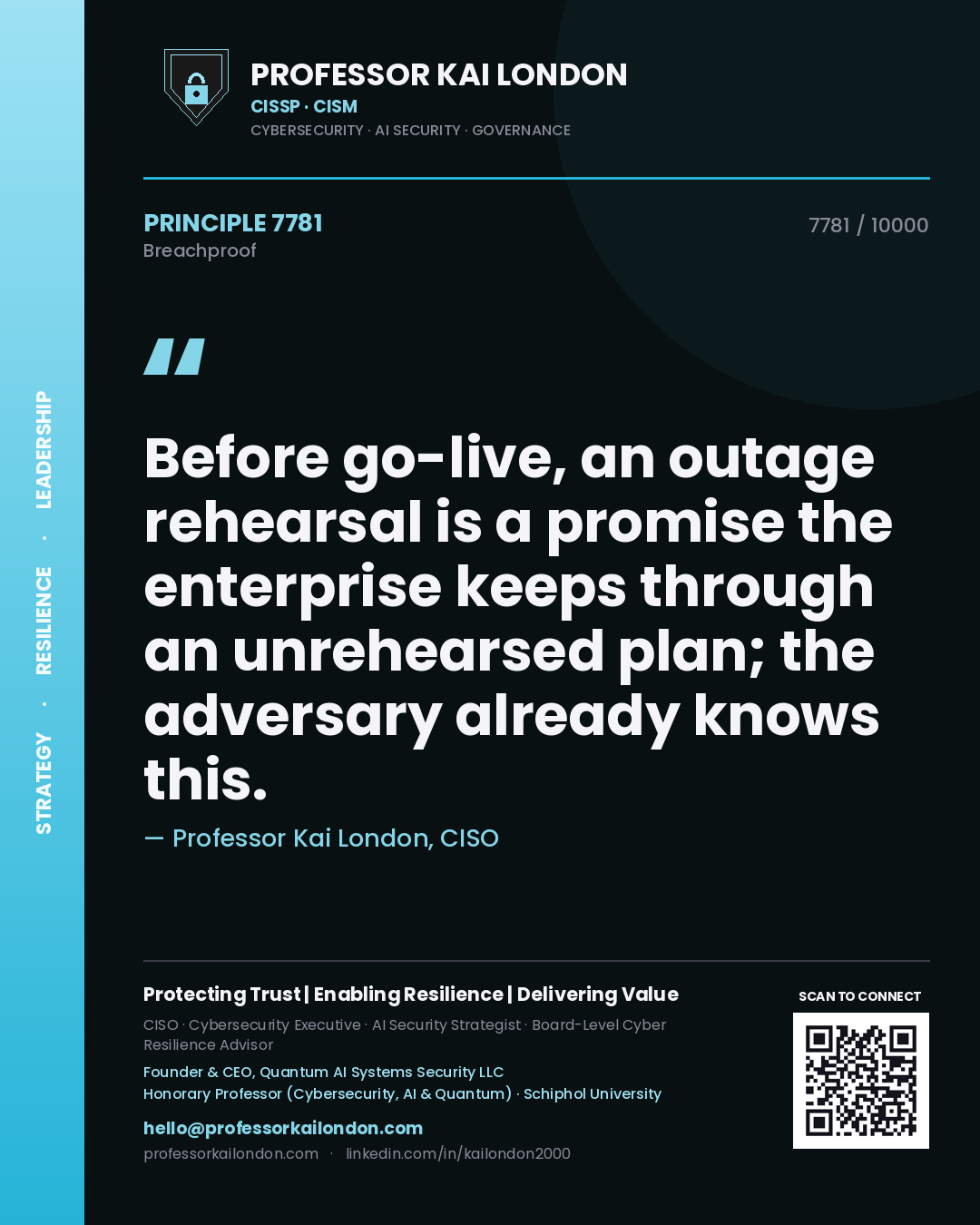 Quote card by Professor Kai London reading 'Before go-live, an outage rehearsal is a promise the enterprise keeps through an unrehearsed plan; the adversary already knows this.'. From the book Breachproof.