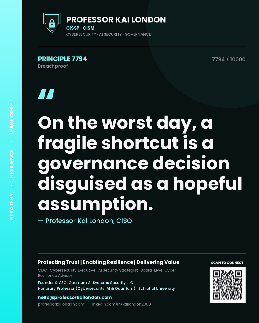 Quote card by Professor Kai London reading 'On the worst day, a fragile shortcut is a governance decision disguised as a hopeful assumption.'. From the book Breachproof.