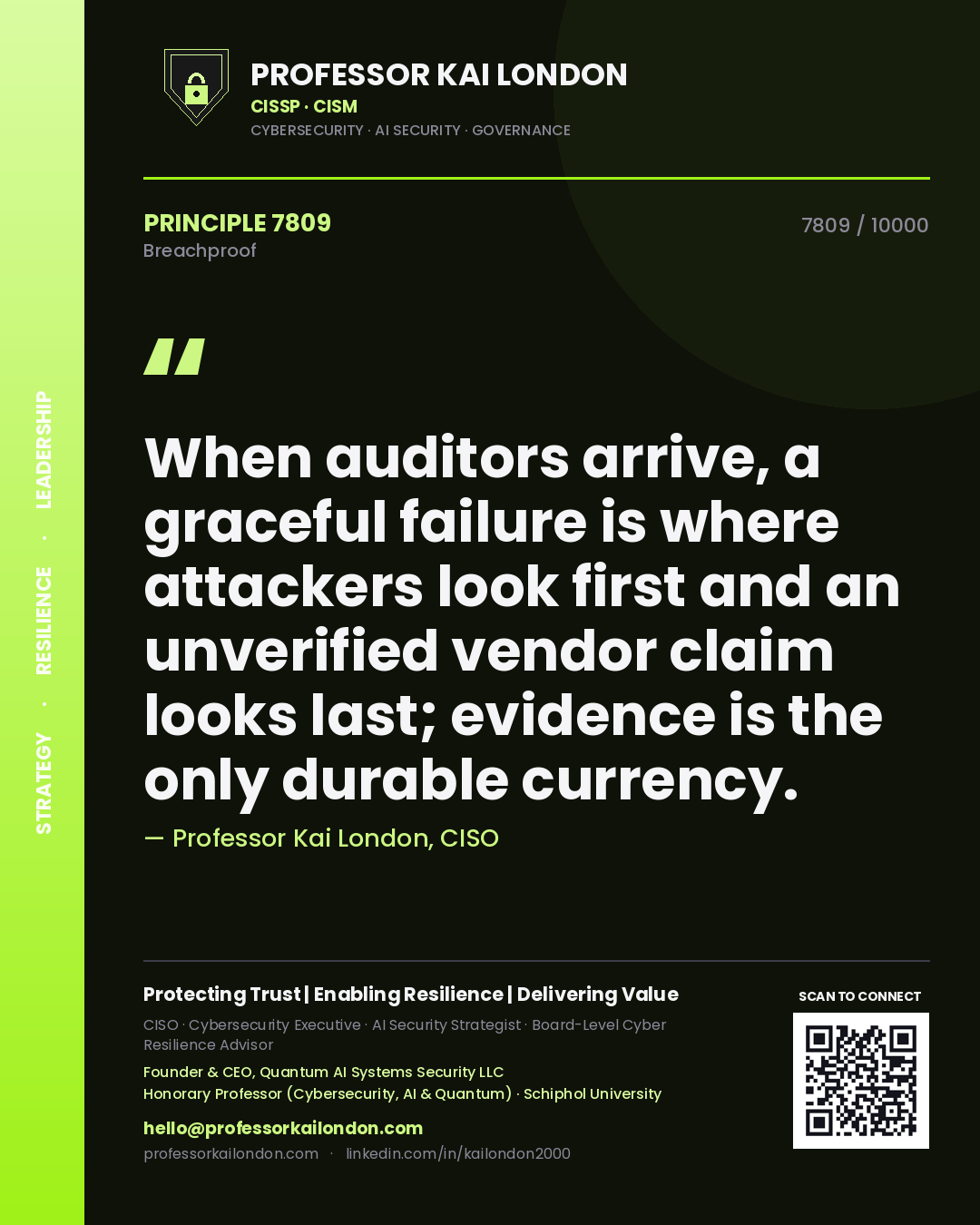 Quote card by Professor Kai London reading 'When auditors arrive, a graceful failure is where attackers look first and an unverified vendor claim looks last; evidence is the only durable currency.'. From the book Breachproof.
