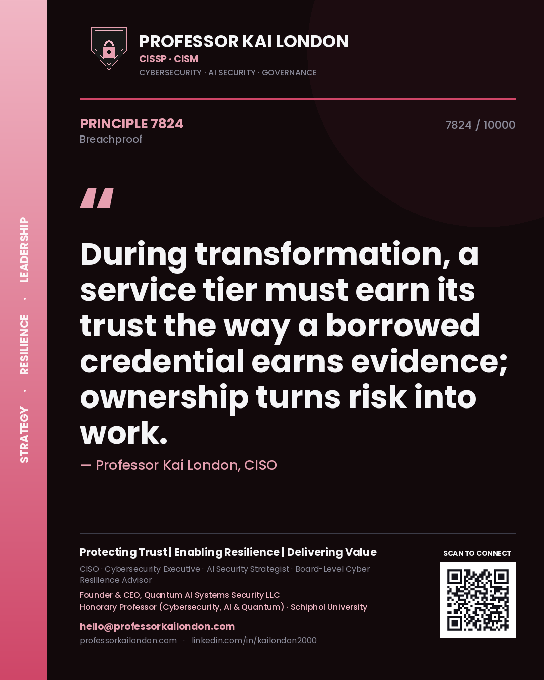 Professor Kai London principle 7824: During transformation, a service tier must earn its trust the way a borrowed credential earns evidence; ownership turns risk into work.