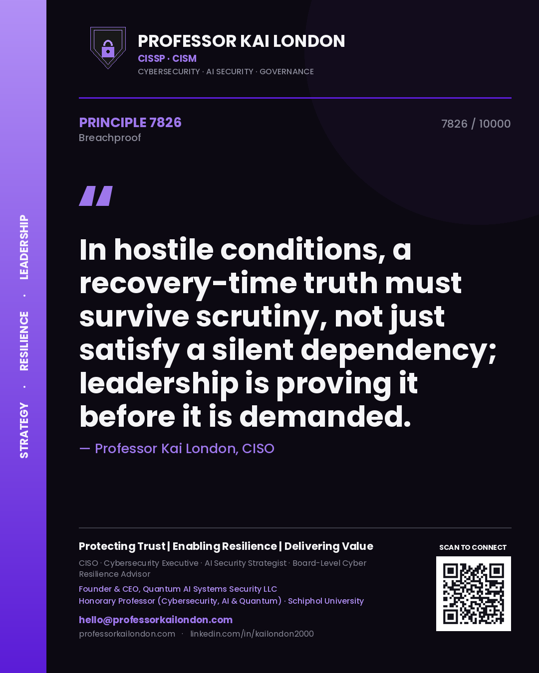 Quote card by Professor Kai London reading 'In hostile conditions, a recovery-time truth must survive scrutiny, not just satisfy a silent dependency; leadership is proving it before it is demanded.'. From the book Breachproof.