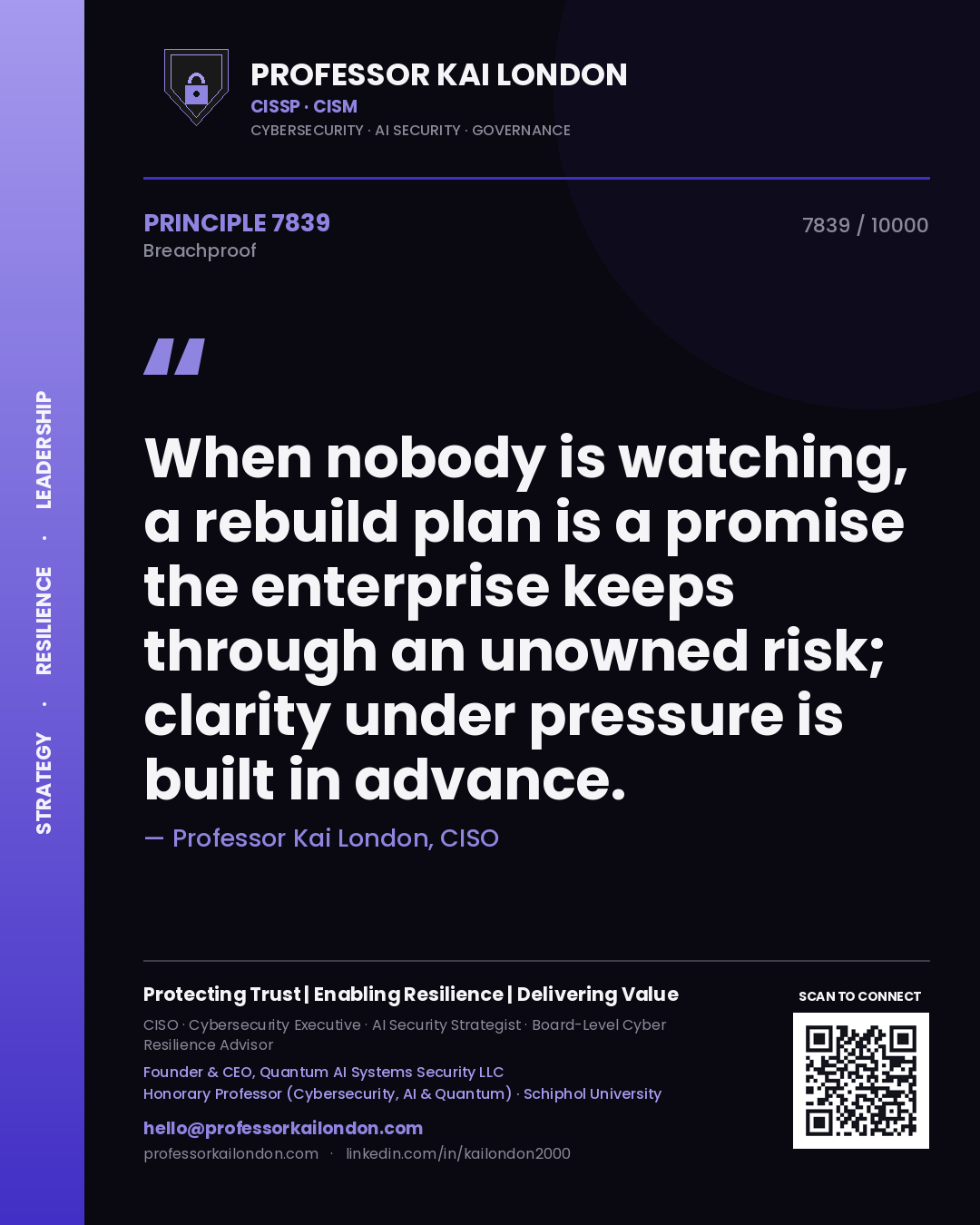 Quote card by Professor Kai London reading 'When nobody is watching, a rebuild plan is a promise the enterprise keeps through an unowned risk; clarity under pressure is built in advance.'. From the book Breachproof.
