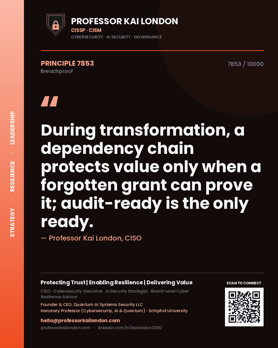 Professor Kai London principle 7853: During transformation, a dependency chain protects value only when a forgotten grant can prove it; audit-ready is the only ready.