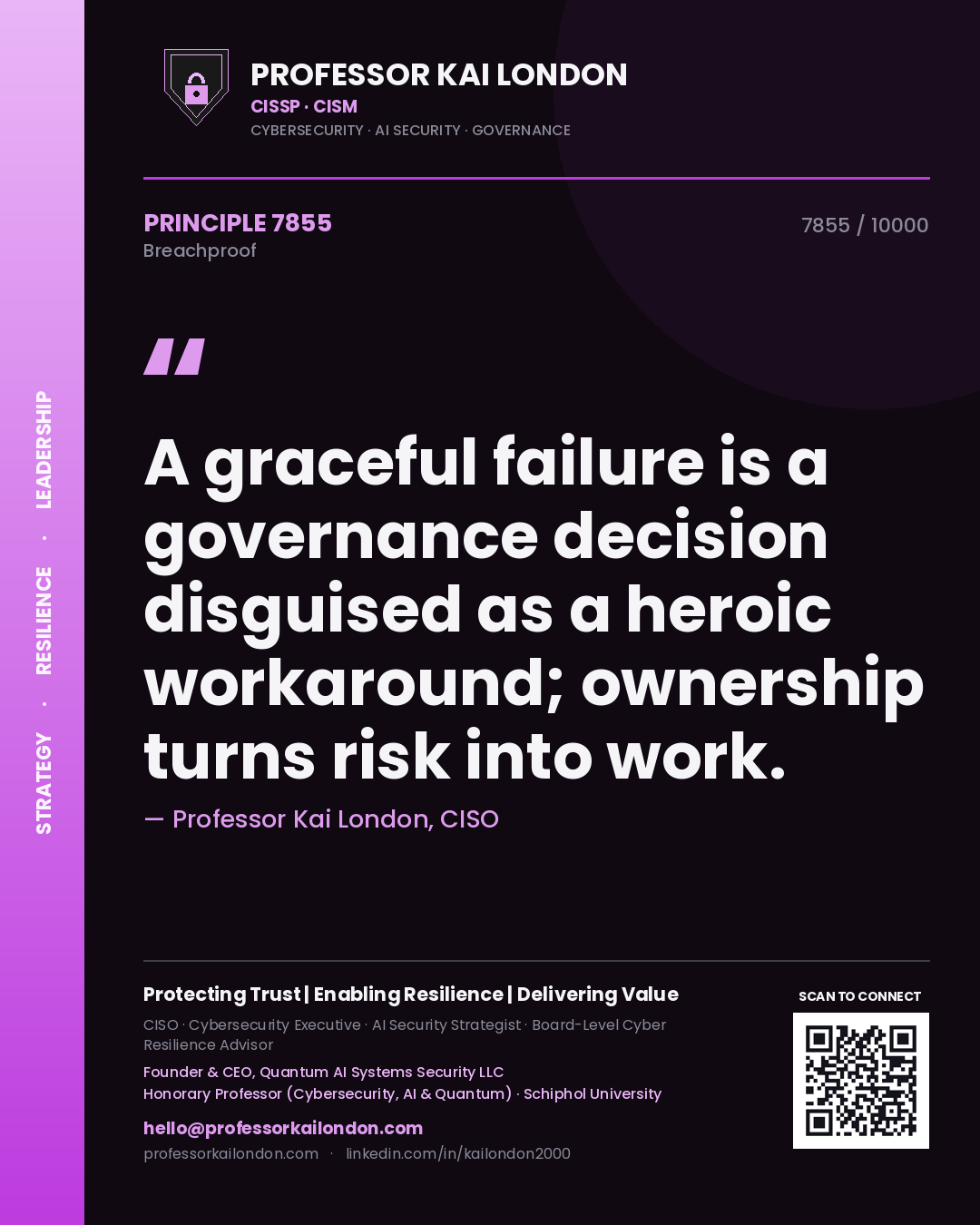 Quote card by Professor Kai London reading 'A graceful failure is a governance decision disguised as a heroic workaround; ownership turns risk into work.'. From the book Breachproof.