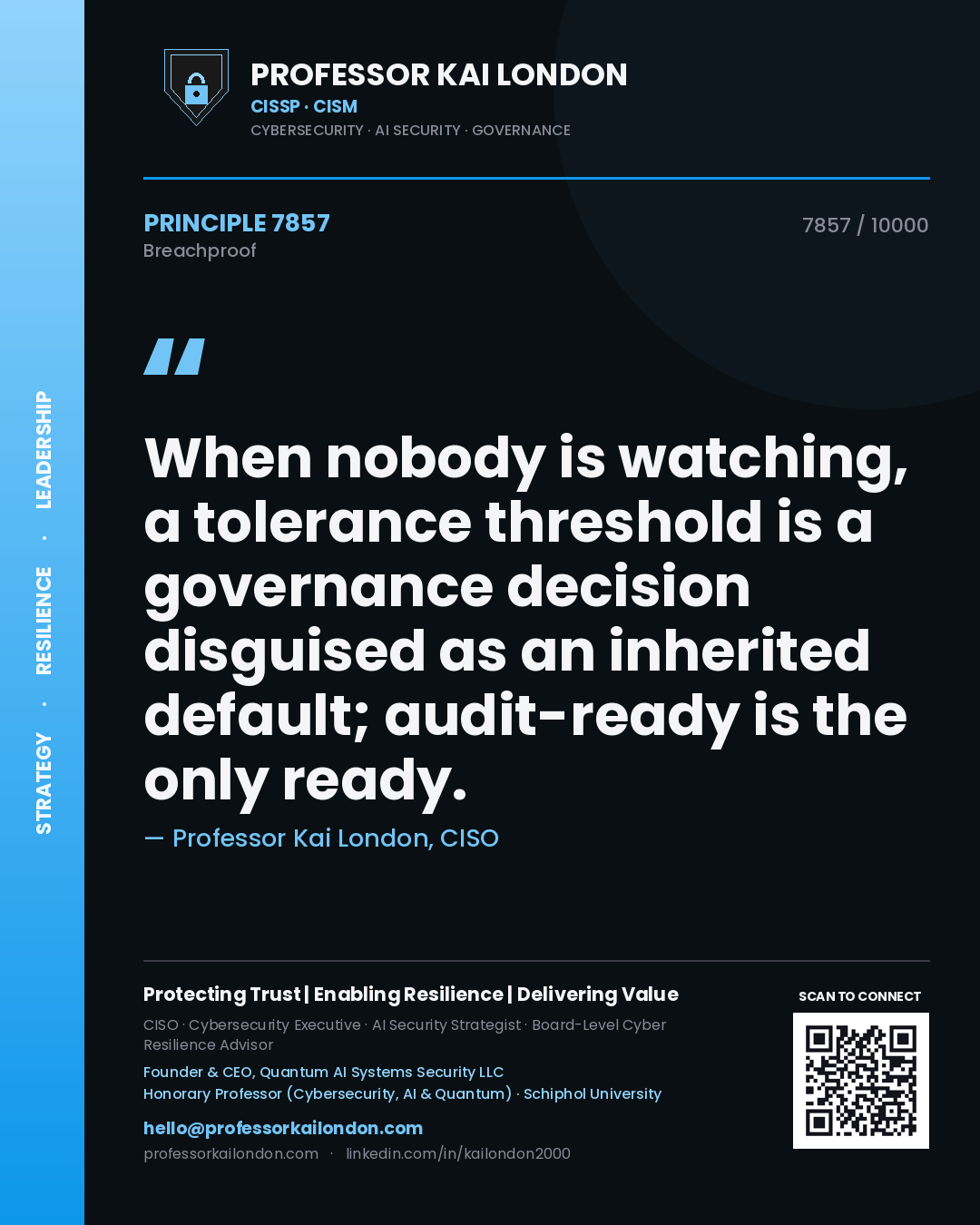 Quote card by Professor Kai London reading 'When nobody is watching, a tolerance threshold is a governance decision disguised as an inherited default; audit-ready is the only ready.'. From the book Breachproof.