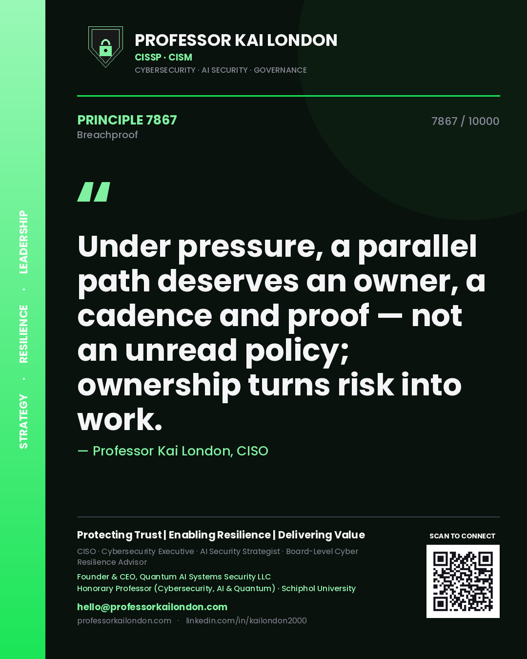 Quote card by Professor Kai London reading 'Under pressure, a parallel path deserves an owner, a cadence and proof — not an unread policy; ownership turns risk into work.'. From the book Breachproof.