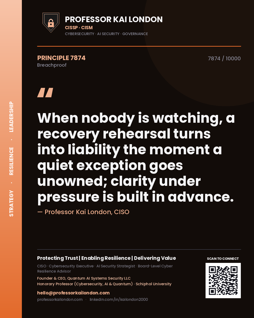 Quote card by Professor Kai London reading 'When nobody is watching, a recovery rehearsal turns into liability the moment a quiet exception goes unowned; clarity under pressure is built in advance.'. From the book Breachproof.