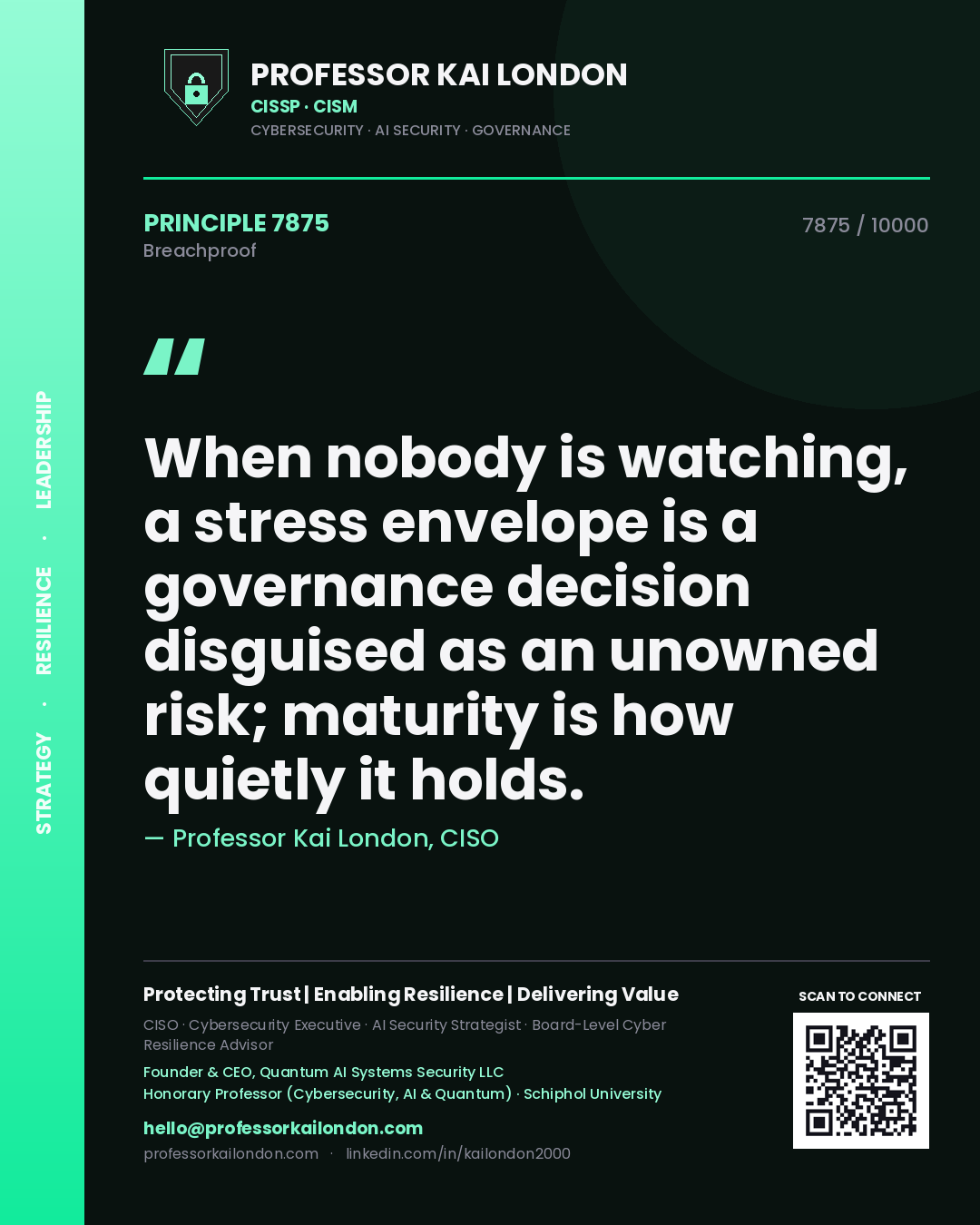 Professor Kai London principle 7875: When nobody is watching, a stress envelope is a governance decision disguised as an unowned risk; maturity is how quietly it holds.