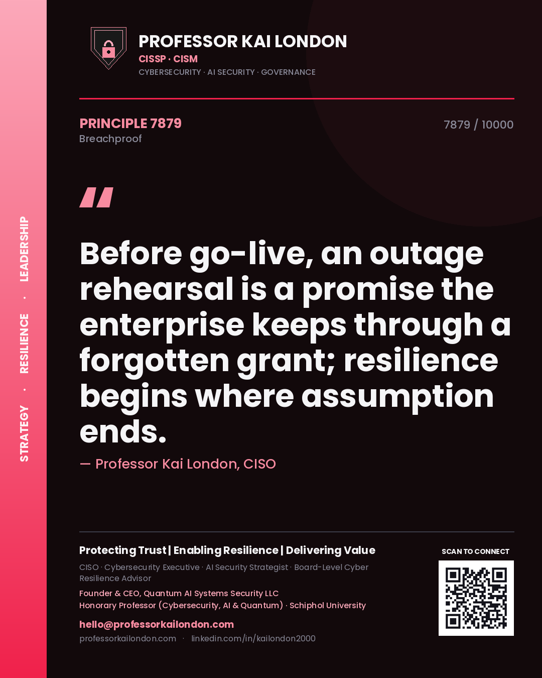 Professor Kai London principle 7879: Before go-live, an outage rehearsal is a promise the enterprise keeps through a forgotten grant; resilience begins where assumption ends.