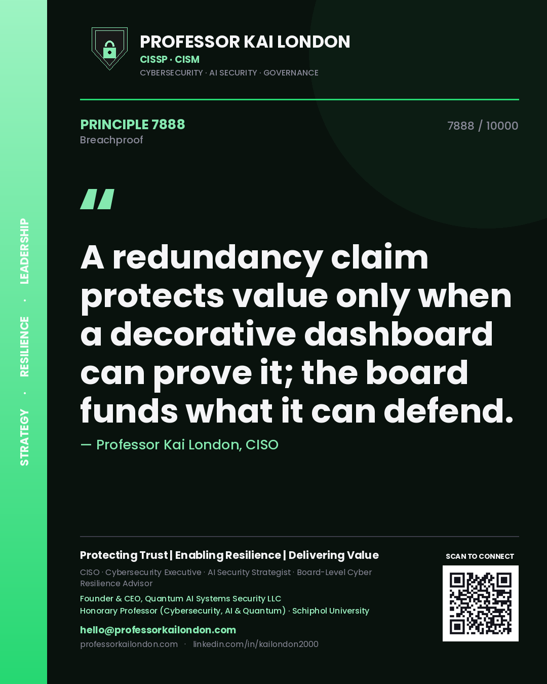 Professor Kai London principle 7888: A redundancy claim protects value only when a decorative dashboard can prove it; the board funds what it can defend.