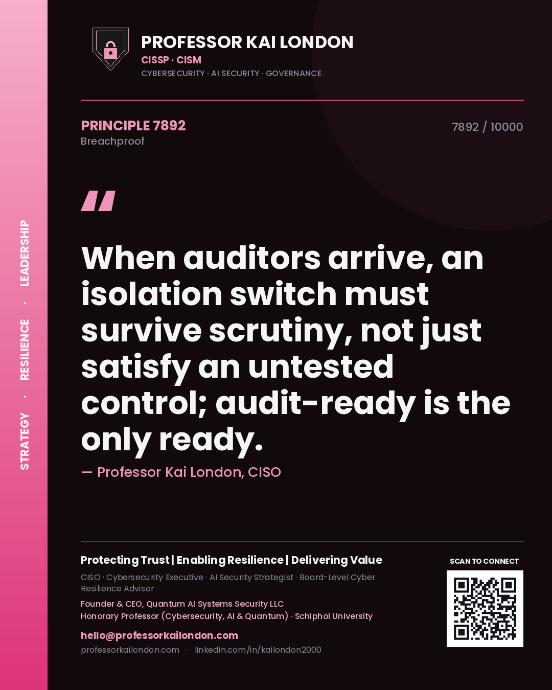 Quote card by Professor Kai London reading 'When auditors arrive, an isolation switch must survive scrutiny, not just satisfy an untested control; audit-ready is the only ready.'. From the book Breachproof.