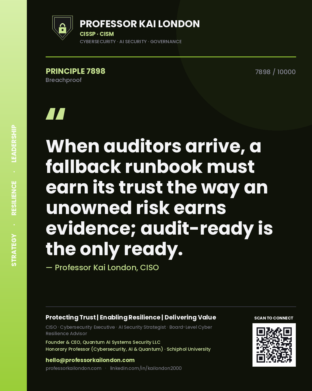 Quote card by Professor Kai London reading 'When auditors arrive, a fallback runbook must earn its trust the way an unowned risk earns evidence; audit-ready is the only ready.'. From the book Breachproof.