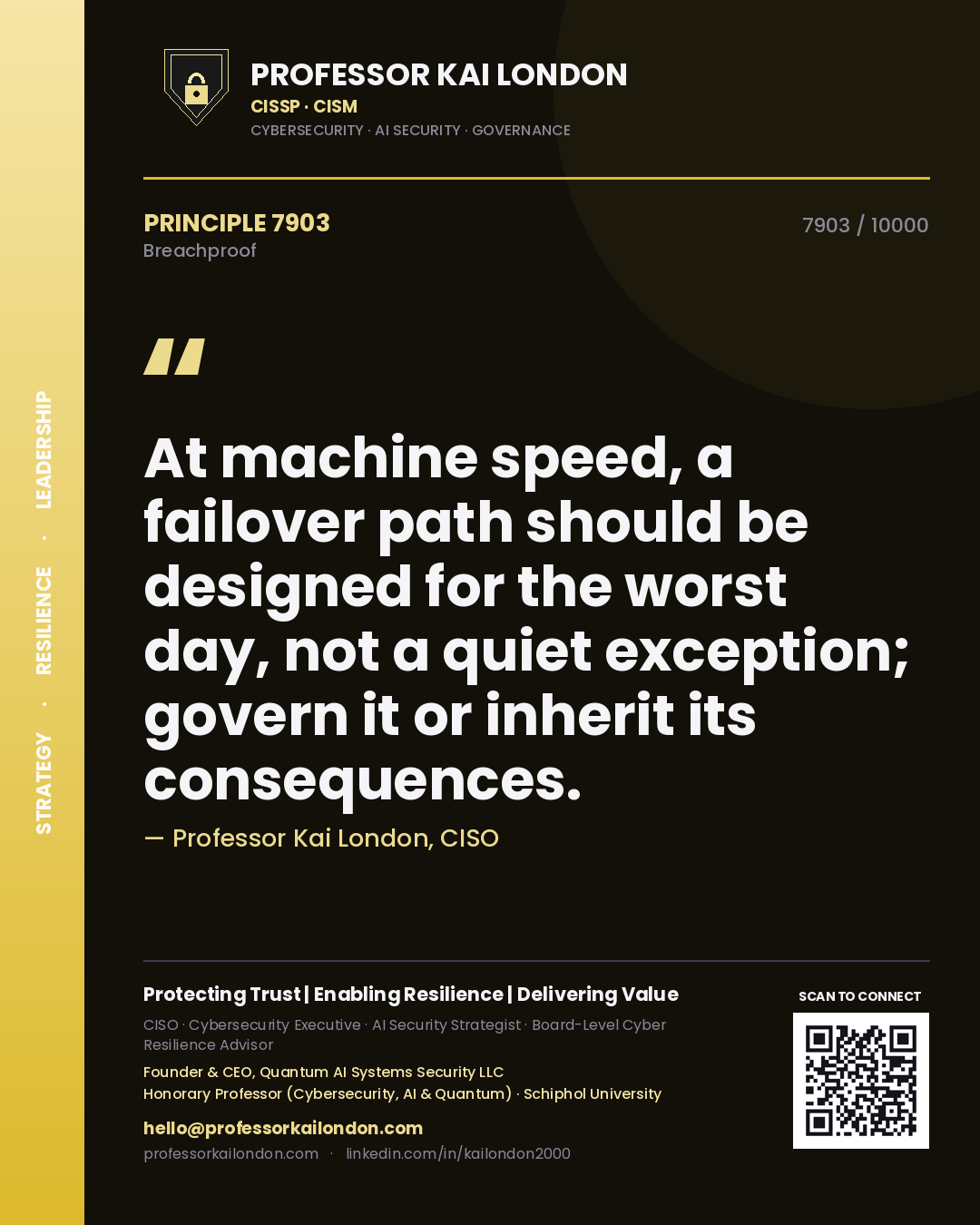 Quote card by Professor Kai London reading 'At machine speed, a failover path should be designed for the worst day, not a quiet exception; govern it or inherit its consequences.'. From the book Breachproof.