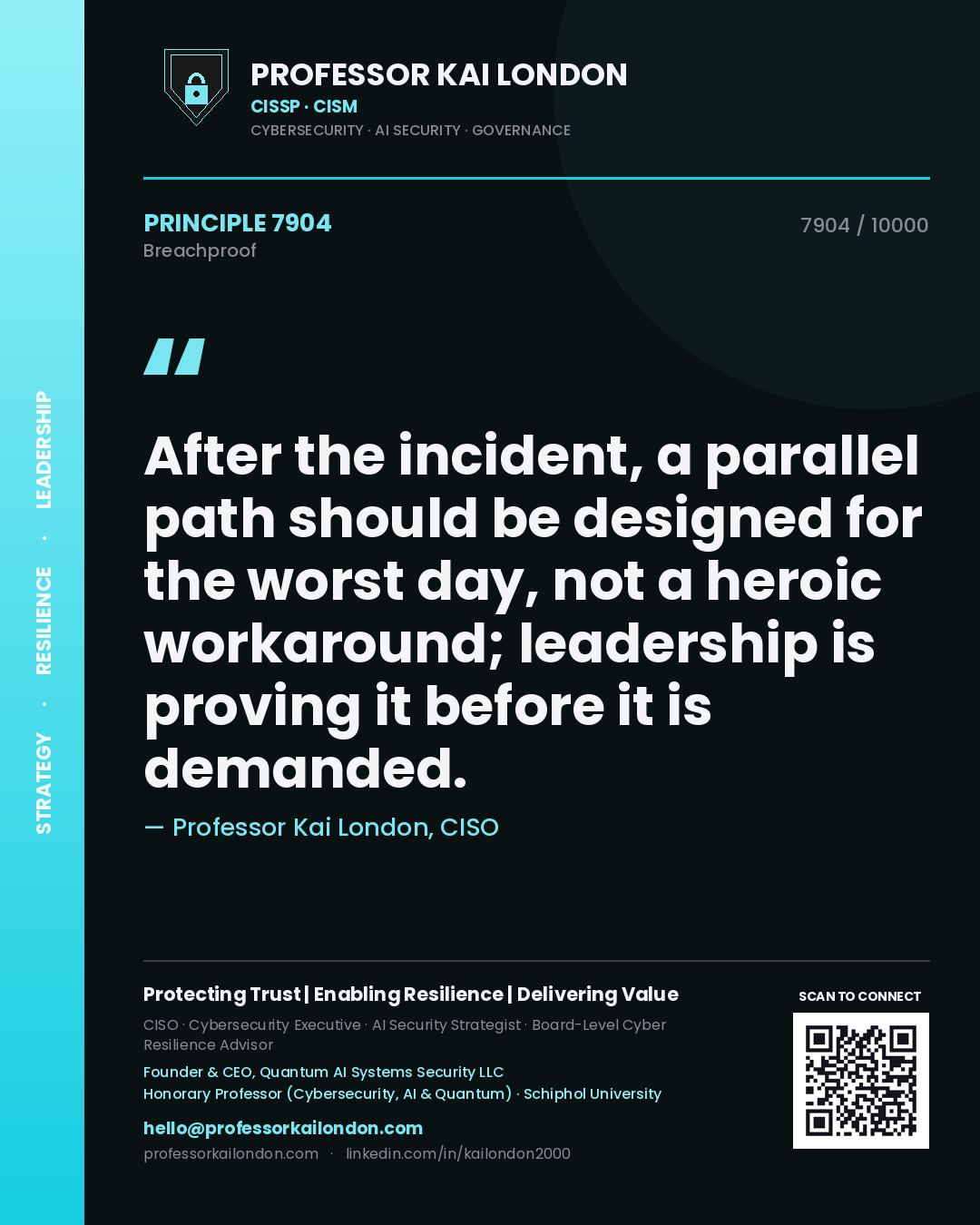 Quote card by Professor Kai London reading 'After the incident, a parallel path should be designed for the worst day, not a heroic workaround; leadership is proving it before it is demanded.'. From the book Breachproof.