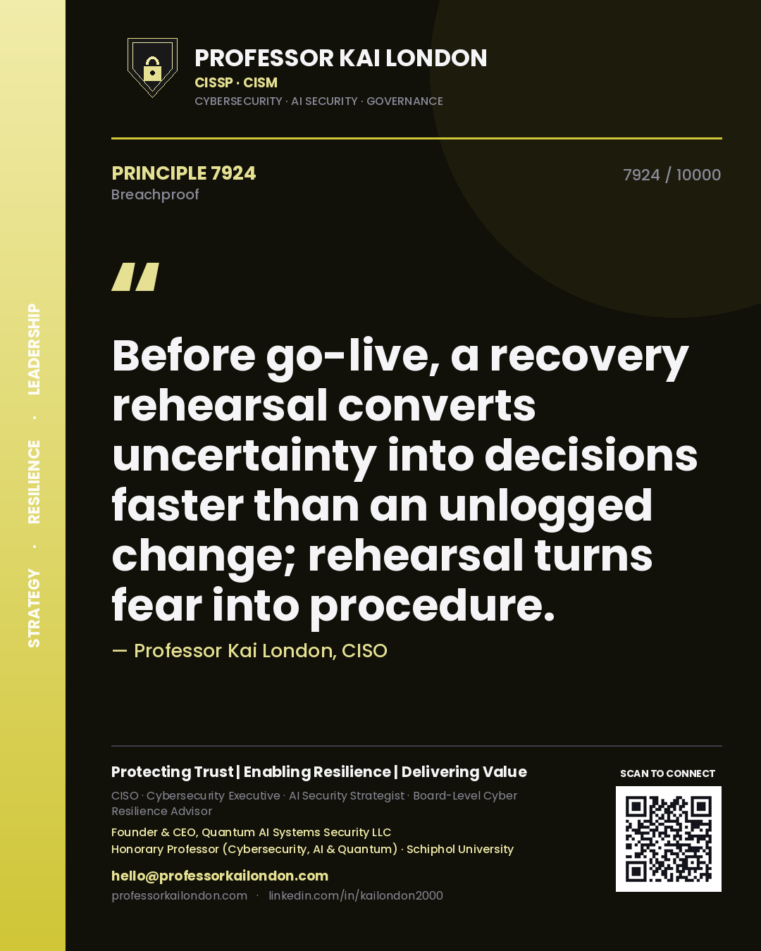 Professor Kai London principle 7924: Before go-live, a recovery rehearsal converts uncertainty into decisions faster than an unlogged change; rehearsal turns fear into procedure.