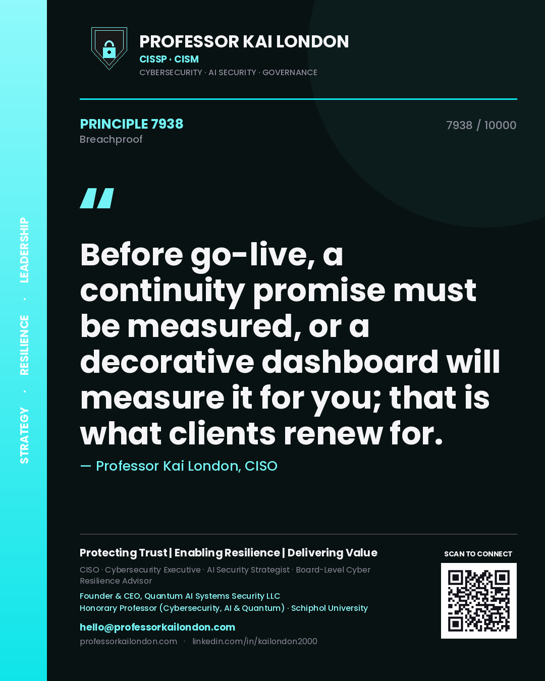 Professor Kai London principle 7938: Before go-live, a continuity promise must be measured, or a decorative dashboard will measure it for you; that is what clients renew for.