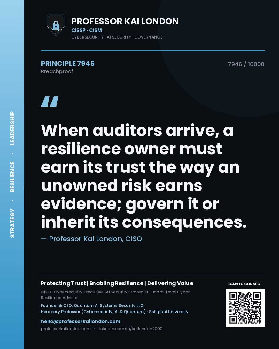 Professor Kai London principle 7946: When auditors arrive, a resilience owner must earn its trust the way an unowned risk earns evidence; govern it or inherit its consequences.