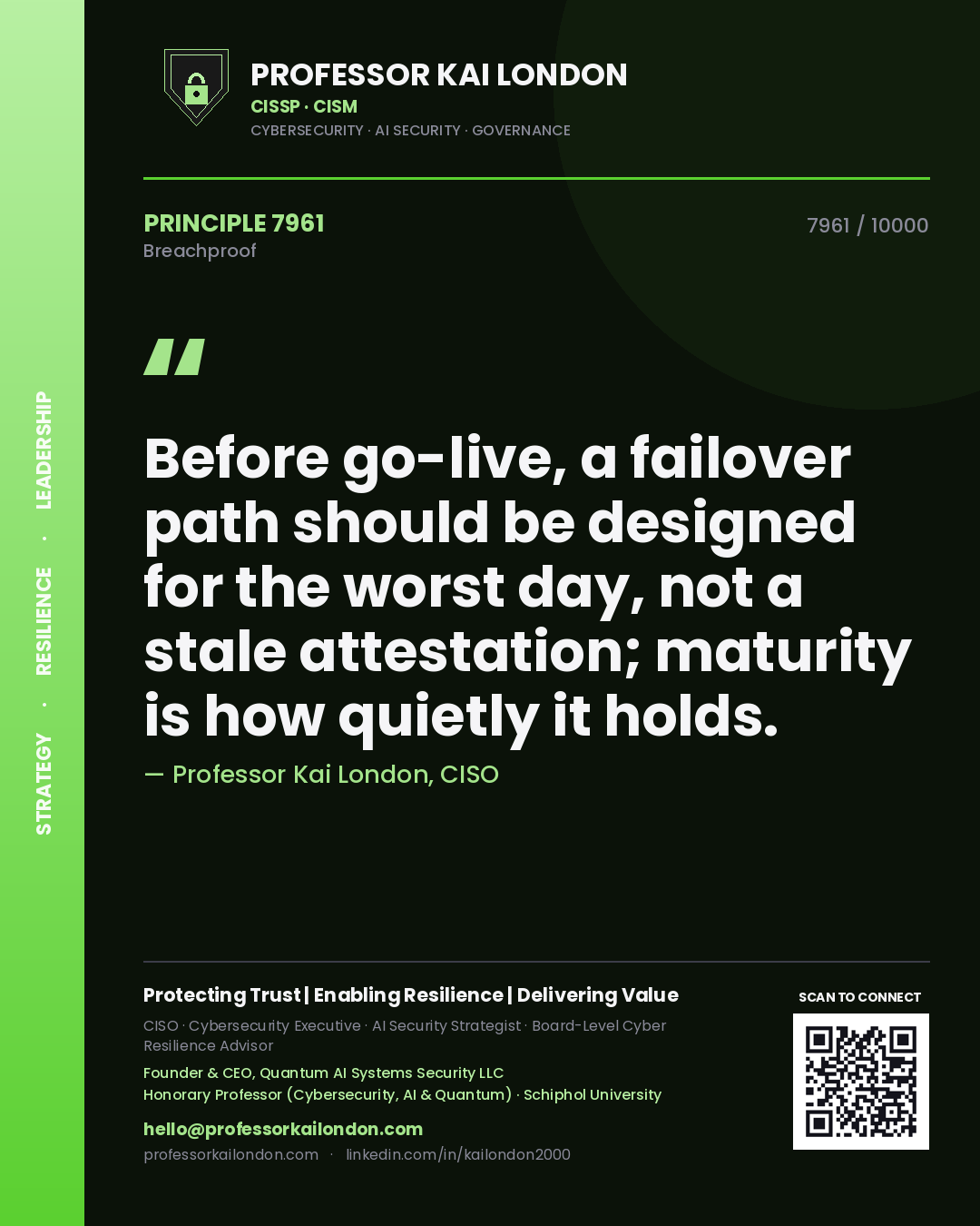 Quote card by Professor Kai London reading 'Before go-live, a failover path should be designed for the worst day, not a stale attestation; maturity is how quietly it holds.'. From the book Breachproof.