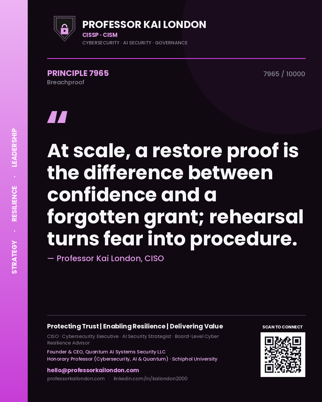 Professor Kai London principle 7965: At scale, a restore proof is the difference between confidence and a forgotten grant; rehearsal turns fear into procedure.