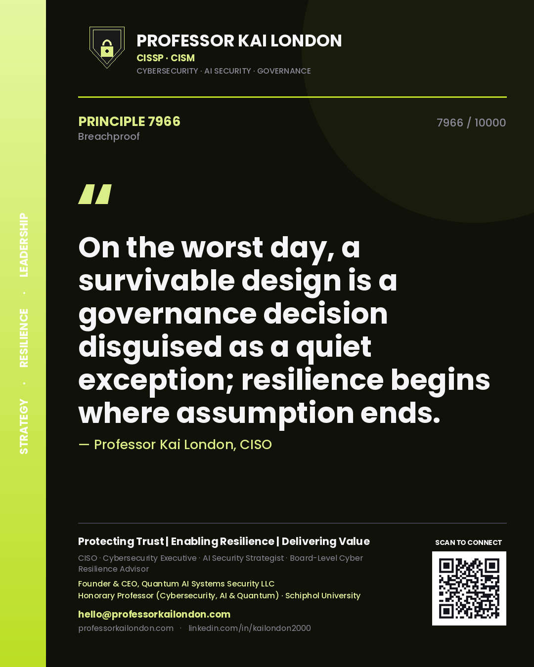 Quote card by Professor Kai London reading 'On the worst day, a survivable design is a governance decision disguised as a quiet exception; resilience begins where assumption ends.'. From the book Breachproof.