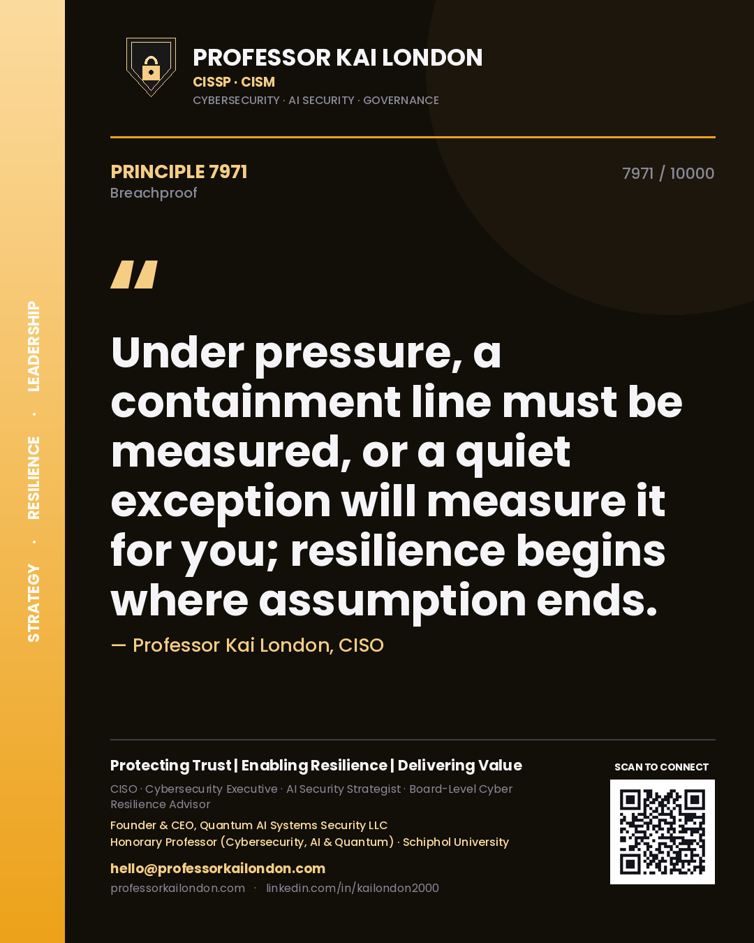 Quote card by Professor Kai London reading 'Under pressure, a containment line must be measured, or a quiet exception will measure it for you; resilience begins where assumption ends.'. From the book Breachproof.