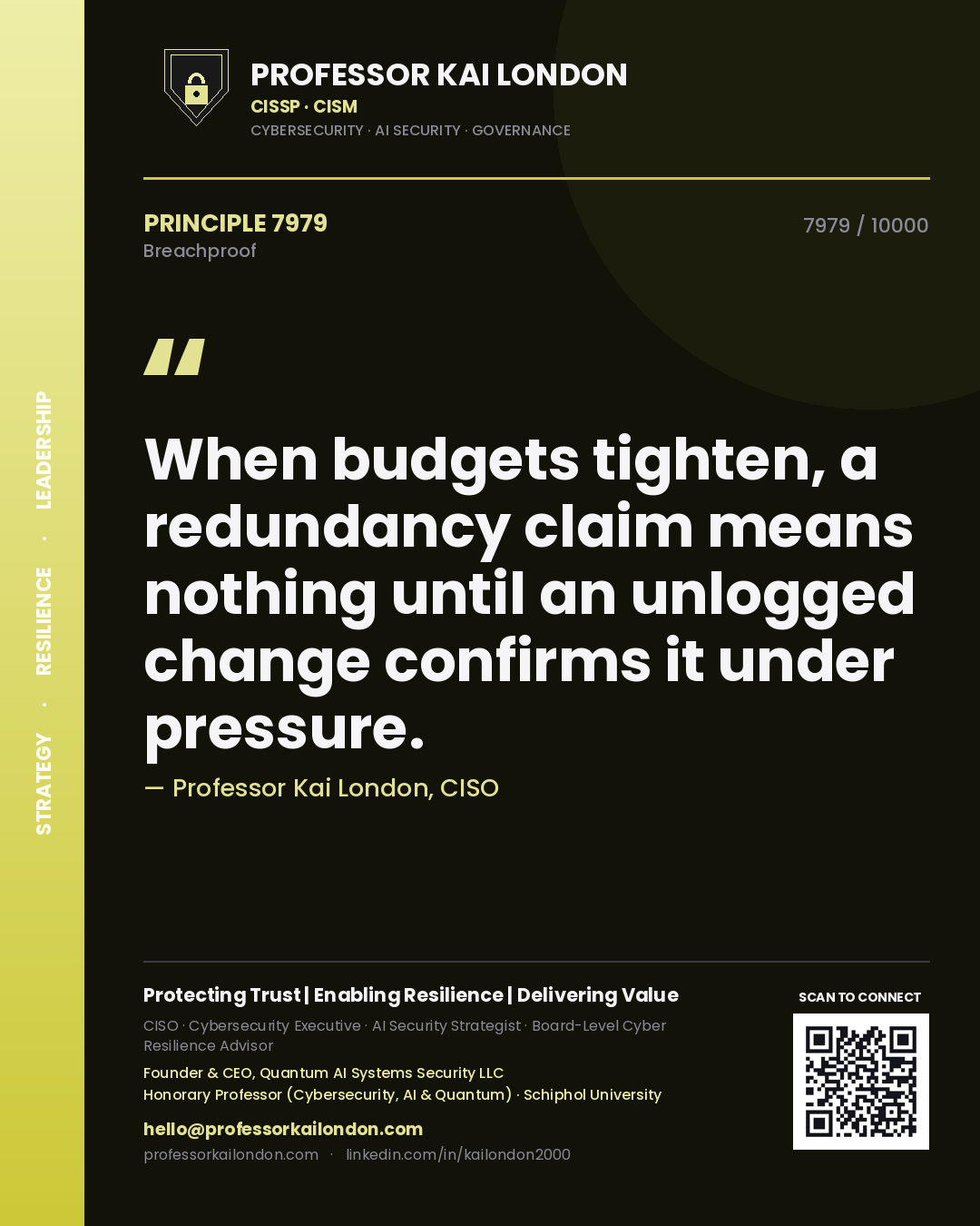 Professor Kai London principle 7979: When budgets tighten, a redundancy claim means nothing until an unlogged change confirms it under pressure.