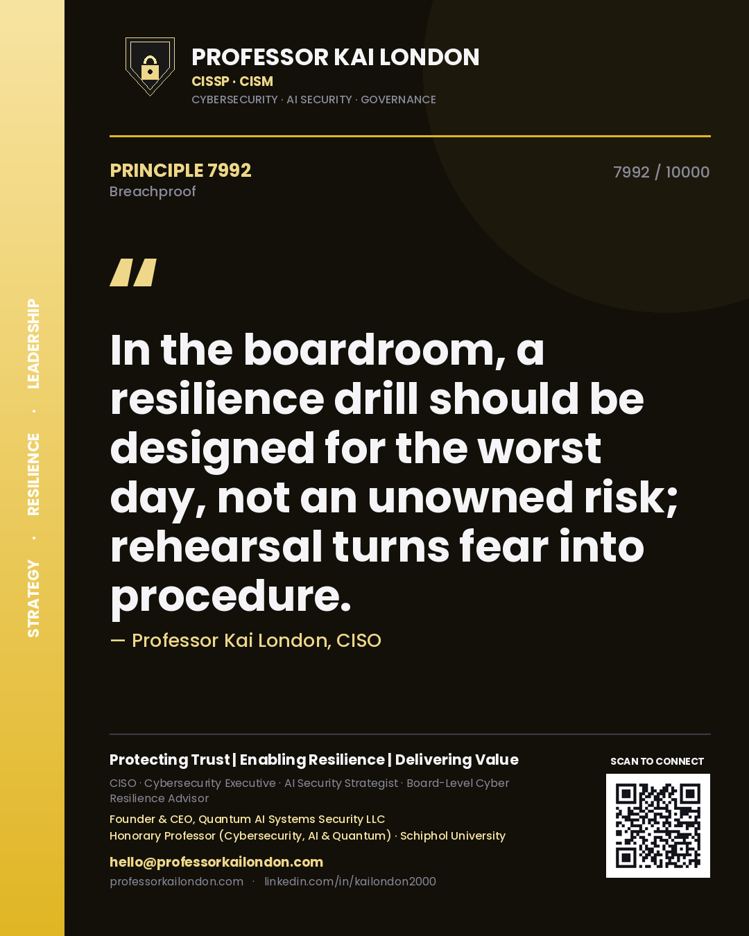 Professor Kai London principle 7992: In the boardroom, a resilience drill should be designed for the worst day, not an unowned risk; rehearsal turns fear into procedure.