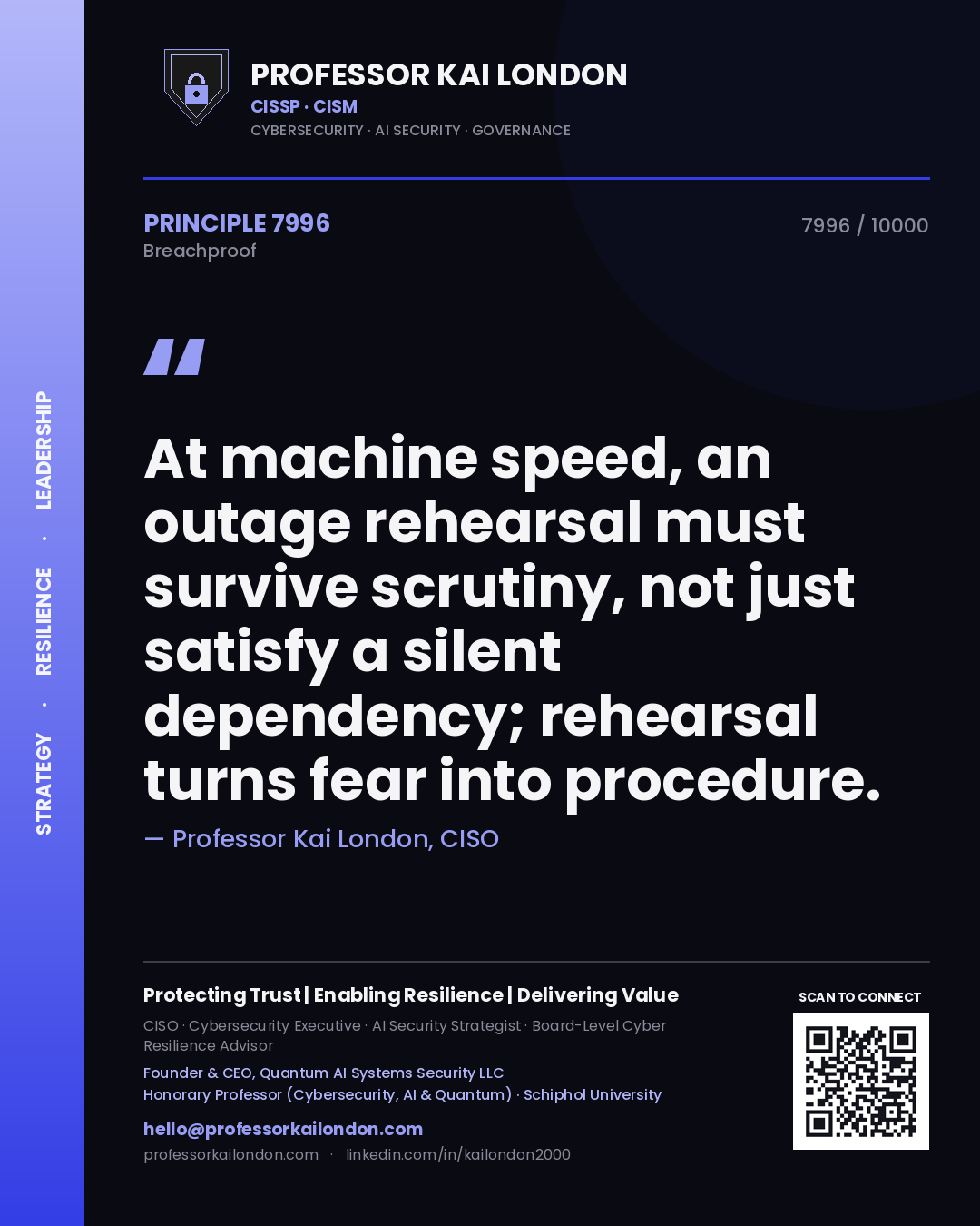 Professor Kai London principle 7996: At machine speed, an outage rehearsal must survive scrutiny, not just satisfy a silent dependency; rehearsal turns fear into procedure.