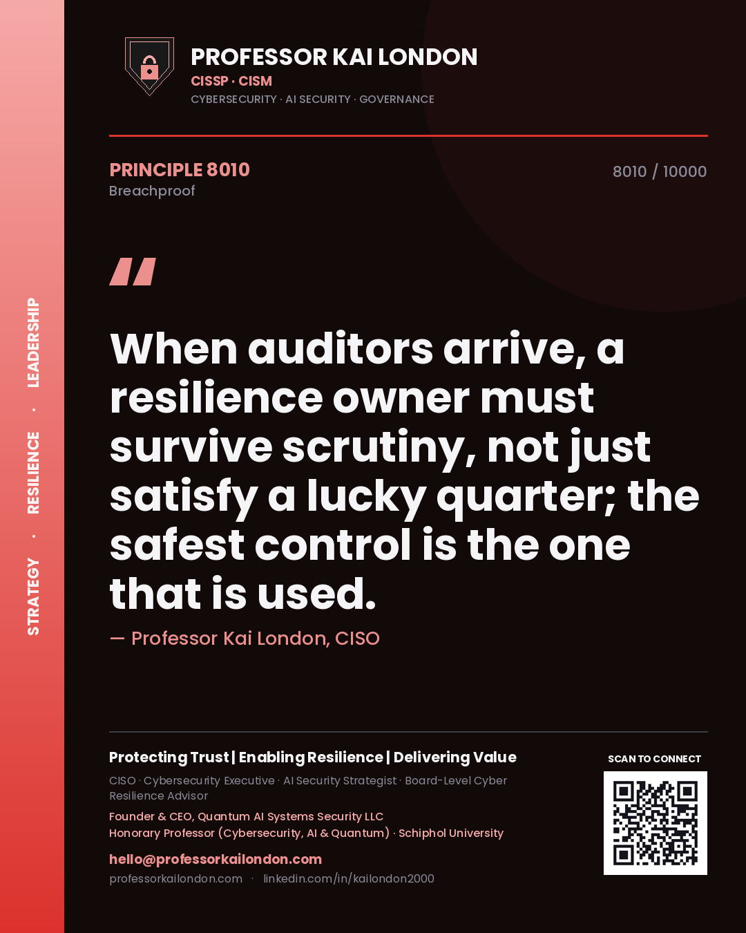Quote card by Professor Kai London reading 'When auditors arrive, a resilience owner must survive scrutiny, not just satisfy a lucky quarter; the safest control is the one that is used.'. From the book Breachproof.