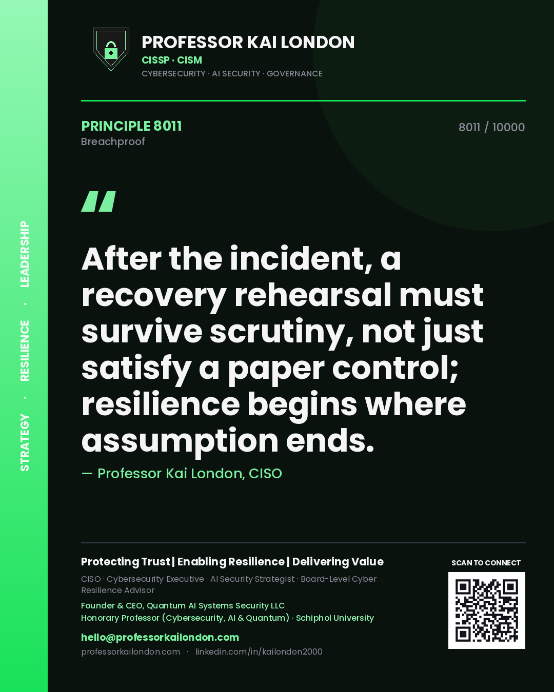 Quote card by Professor Kai London reading 'After the incident, a recovery rehearsal must survive scrutiny, not just satisfy a paper control; resilience begins where assumption ends.'. From the book Breachproof.