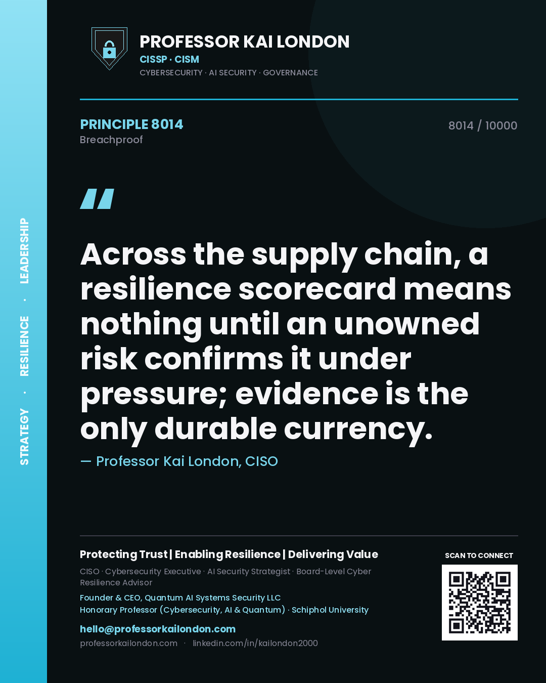 Quote card by Professor Kai London reading 'Across the supply chain, a resilience scorecard means nothing until an unowned risk confirms it under pressure; evidence is the only durable currency.'. From the book Breachproof.