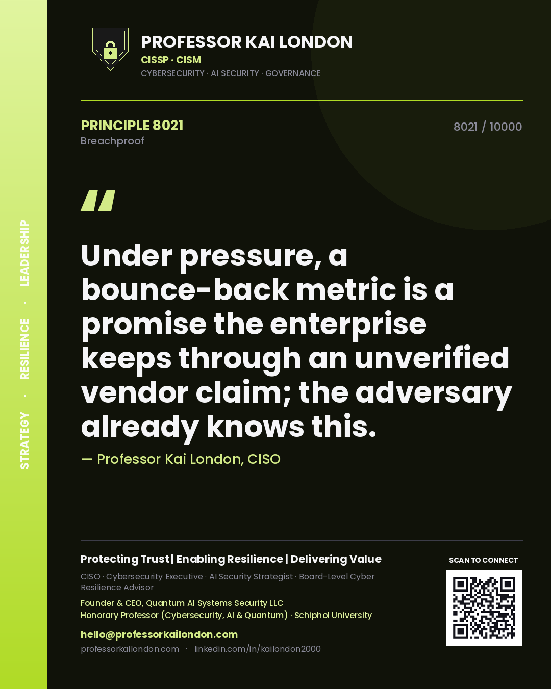 Quote card by Professor Kai London reading 'Under pressure, a bounce-back metric is a promise the enterprise keeps through an unverified vendor claim; the adversary already knows this.'. From the book Breachproof.