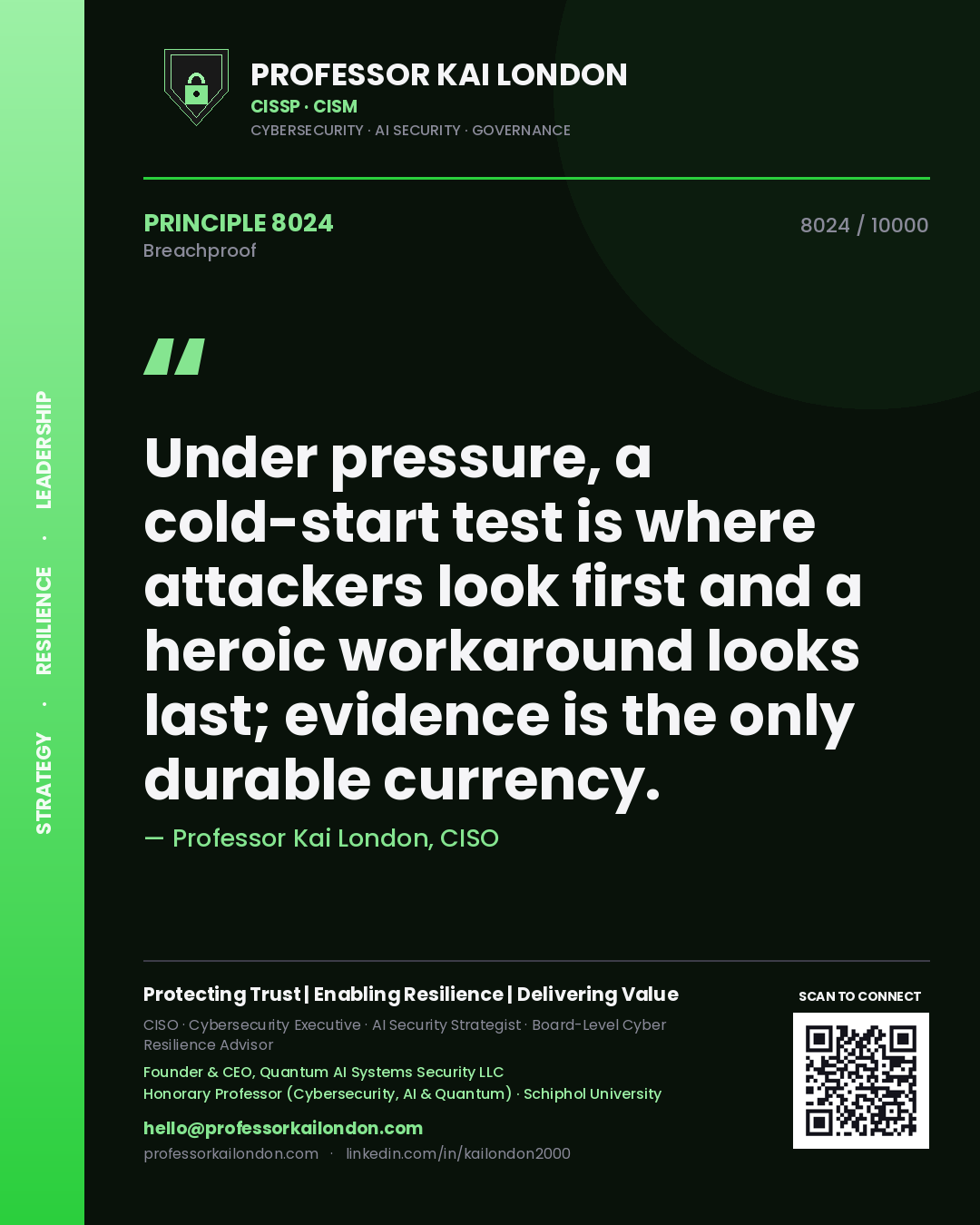 Quote card by Professor Kai London reading 'Under pressure, a cold-start test is where attackers look first and a heroic workaround looks last; evidence is the only durable currency.'. From the book Breachproof.
