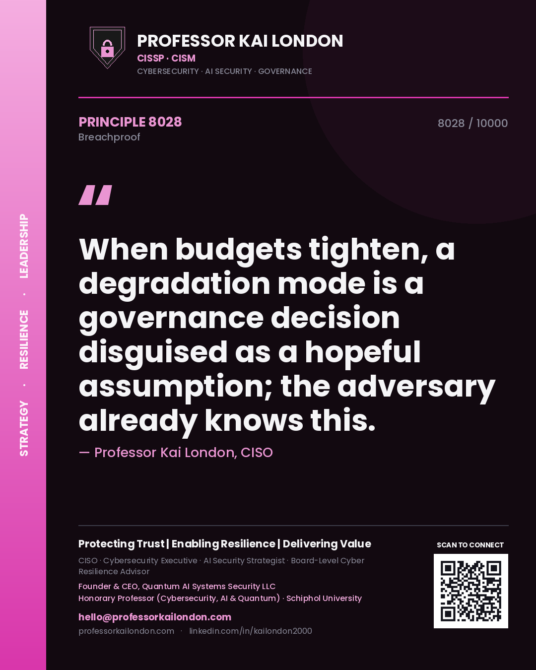 Quote card by Professor Kai London reading 'When budgets tighten, a degradation mode is a governance decision disguised as a hopeful assumption; the adversary already knows this.'. From the book Breachproof.