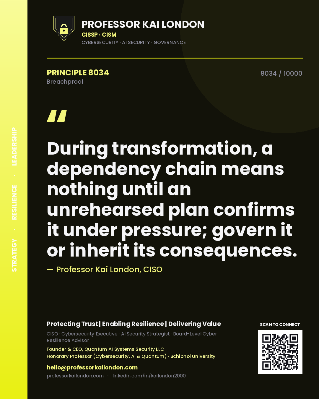 Quote card by Professor Kai London reading 'During transformation, a dependency chain means nothing until an unrehearsed plan confirms it under pressure; govern it or inherit its consequences.'. From the book Breachproof.