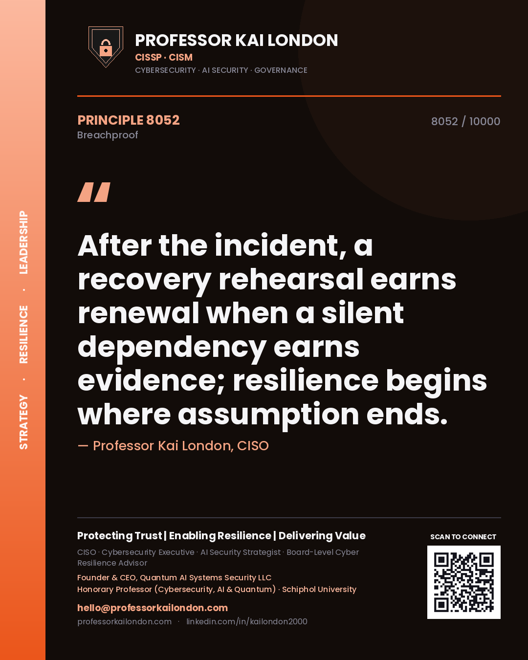 Quote card by Professor Kai London reading 'After the incident, a recovery rehearsal earns renewal when a silent dependency earns evidence; resilience begins where assumption ends.'. From the book Breachproof.