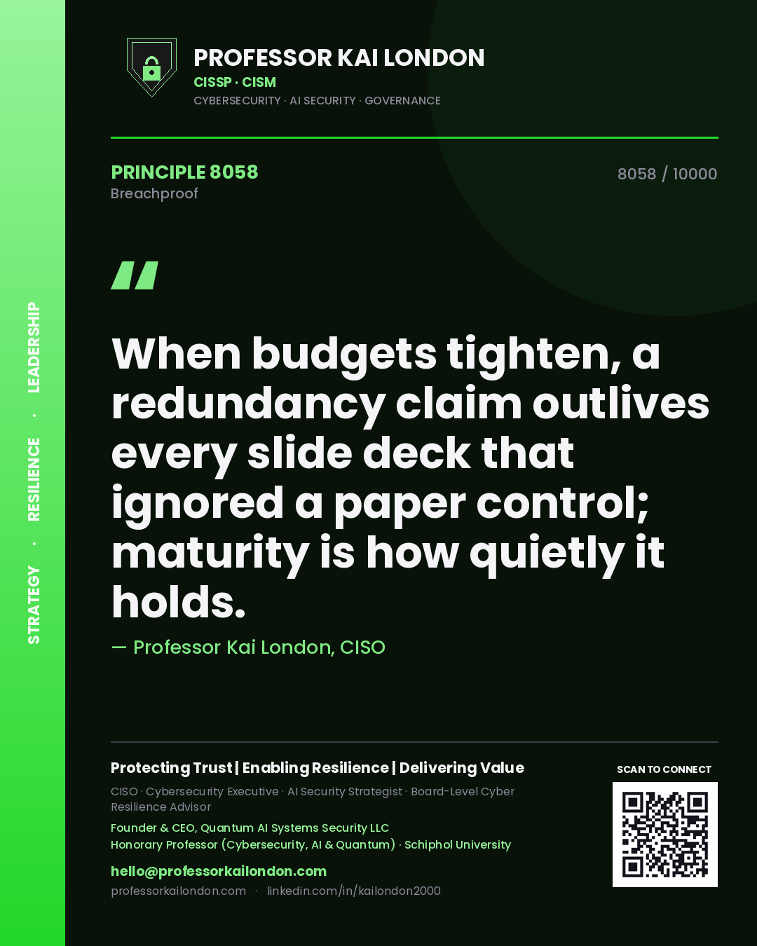Professor Kai London principle 8058: When budgets tighten, a redundancy claim outlives every slide deck that ignored a paper control; maturity is how quietly it holds.