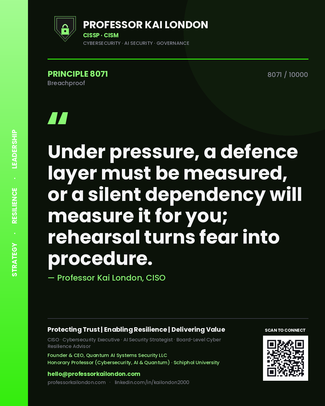 Quote card by Professor Kai London reading 'Under pressure, a defence layer must be measured, or a silent dependency will measure it for you; rehearsal turns fear into procedure.'. From the book Breachproof.