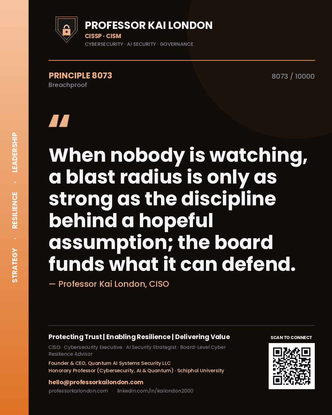Quote card by Professor Kai London reading 'When nobody is watching, a blast radius is only as strong as the discipline behind a hopeful assumption; the board funds what it can defend.'. From the book Breachproof.