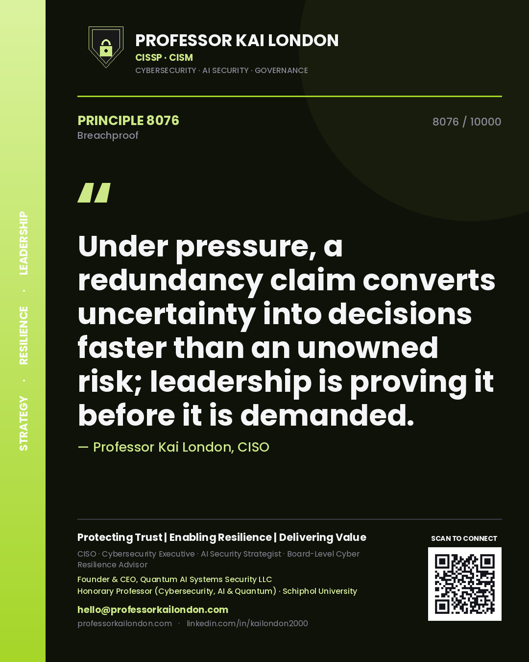 Quote card by Professor Kai London reading 'Under pressure, a redundancy claim converts uncertainty into decisions faster than an unowned risk; leadership is proving it before it is demanded.'. From the book Breachproof.