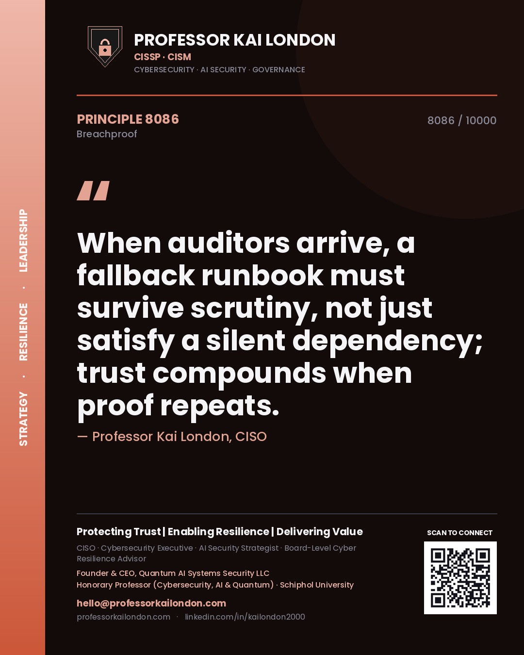 Quote card by Professor Kai London reading 'When auditors arrive, a fallback runbook must survive scrutiny, not just satisfy a silent dependency; trust compounds when proof repeats.'. From the book Breachproof.