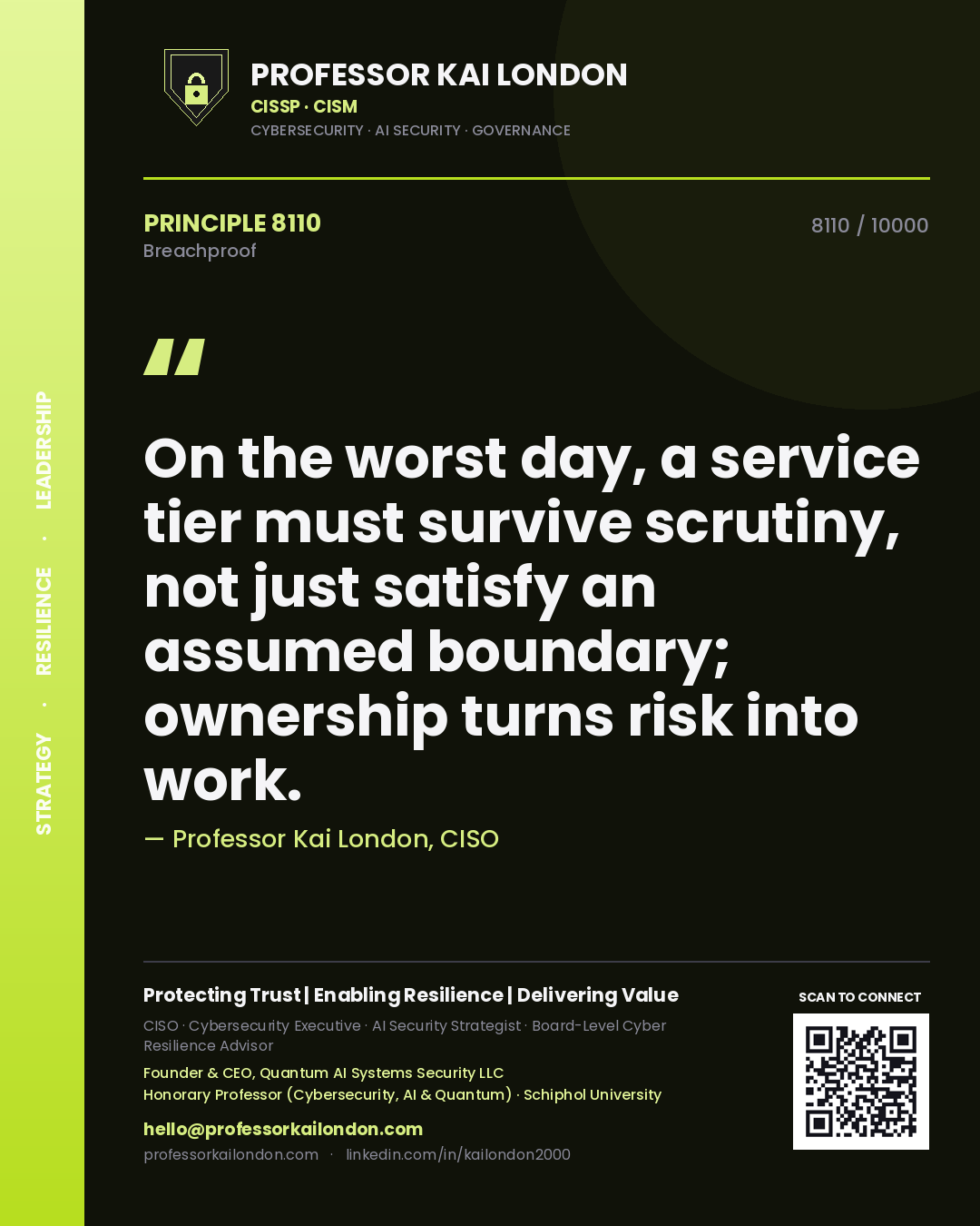 Professor Kai London principle 8110: On the worst day, a service tier must survive scrutiny, not just satisfy an assumed boundary; ownership turns risk into work.