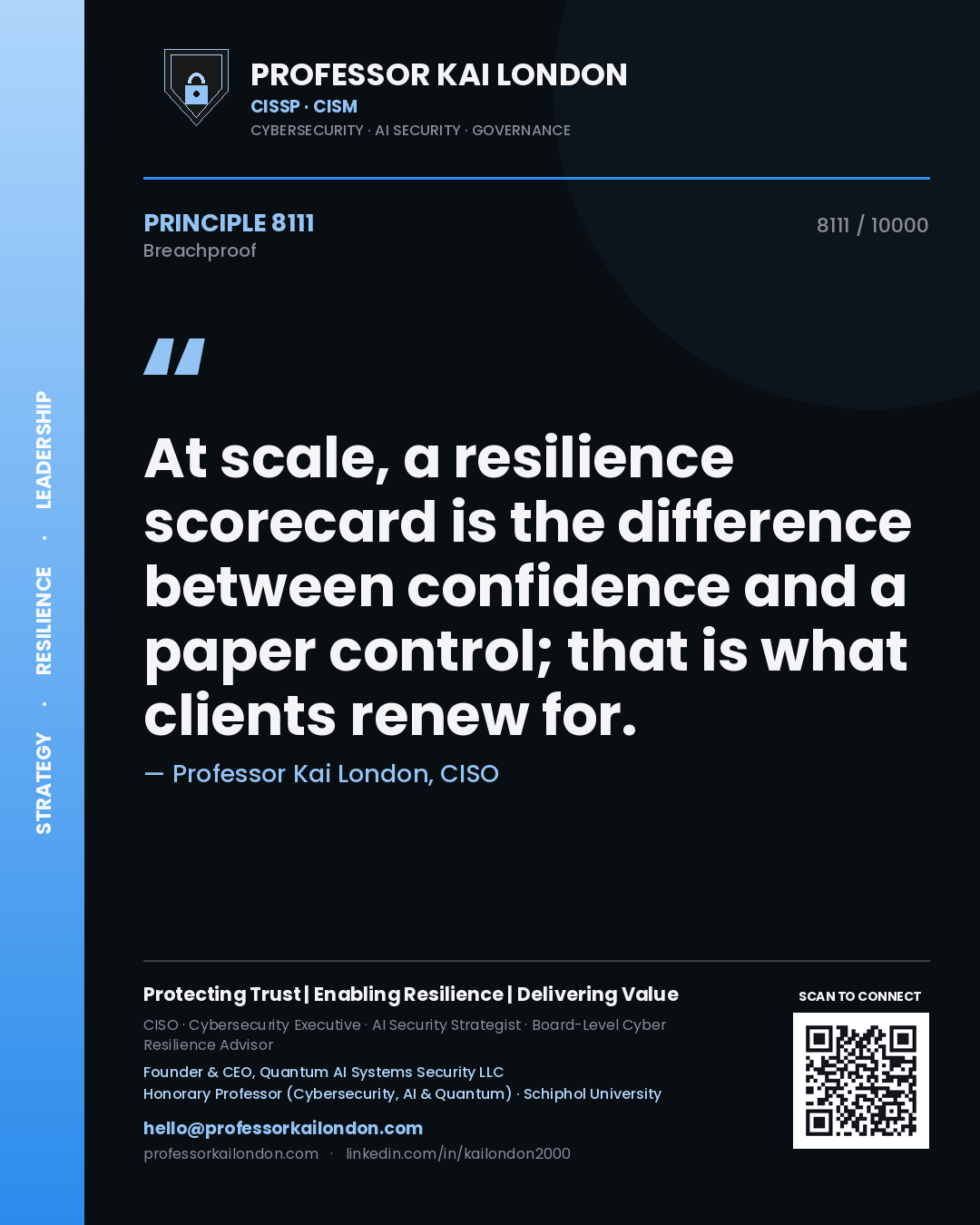 Professor Kai London principle 8111: At scale, a resilience scorecard is the difference between confidence and a paper control; that is what clients renew for.