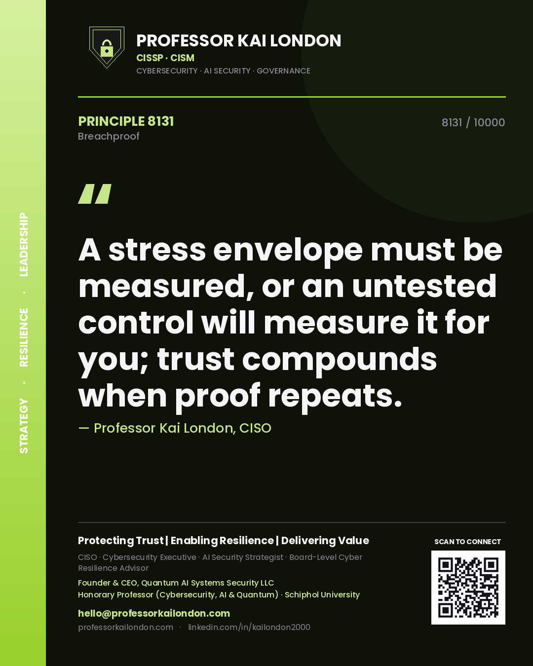 Quote card by Professor Kai London reading 'A stress envelope must be measured, or an untested control will measure it for you; trust compounds when proof repeats.'. From the book Breachproof.