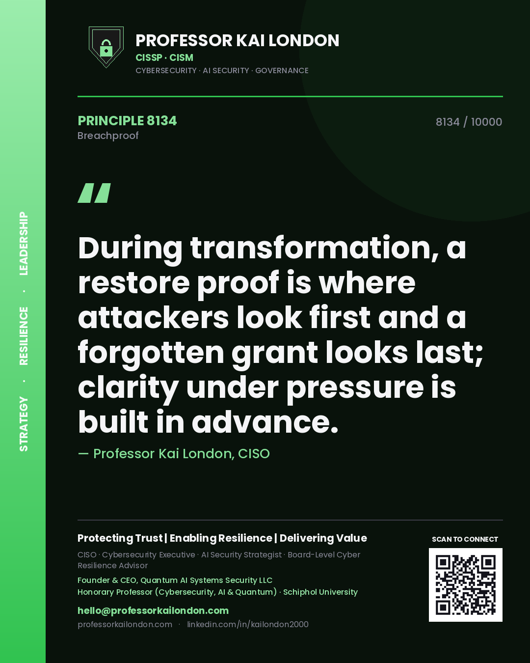 Quote card by Professor Kai London reading 'During transformation, a restore proof is where attackers look first and a forgotten grant looks last; clarity under pressure is built in advance.'. From the book Breachproof.