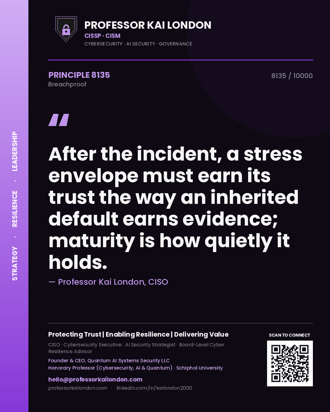 Quote card by Professor Kai London reading 'After the incident, a stress envelope must earn its trust the way an inherited default earns evidence; maturity is how quietly it holds.'. From the book Breachproof.