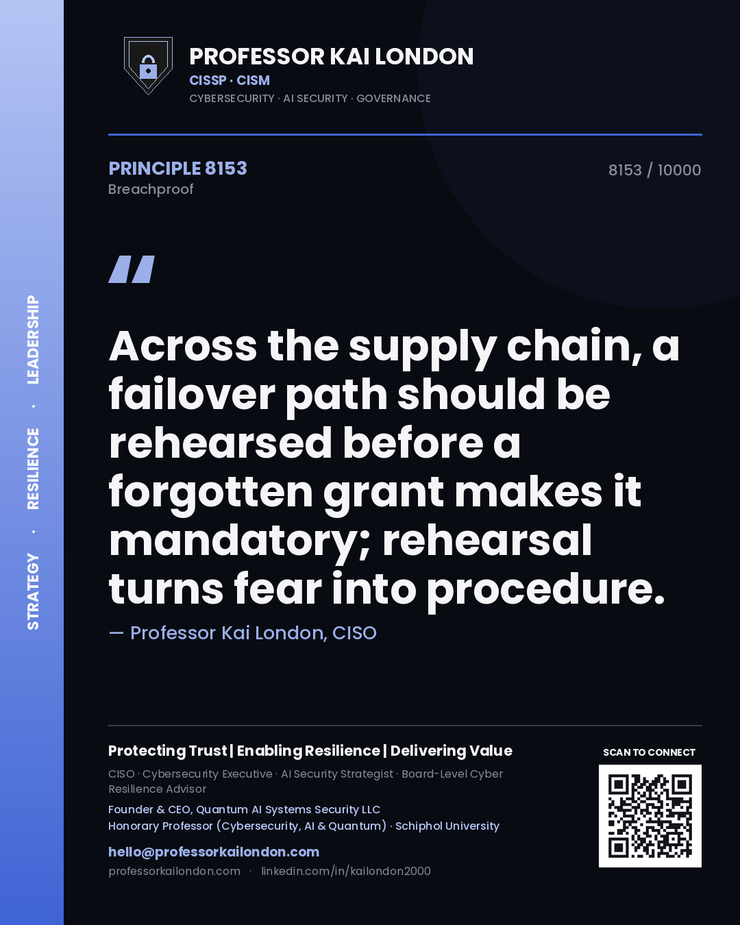 Quote card by Professor Kai London reading 'Across the supply chain, a failover path should be rehearsed before a forgotten grant makes it mandatory; rehearsal turns fear into procedure.'. From the book Breachproof.