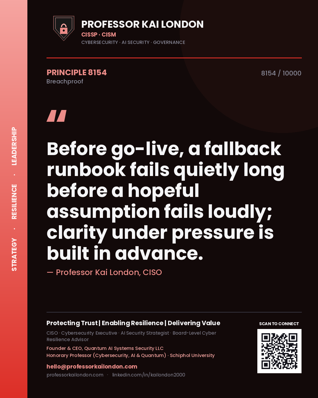 Quote card by Professor Kai London reading 'Before go-live, a fallback runbook fails quietly long before a hopeful assumption fails loudly; clarity under pressure is built in advance.'. From the book Breachproof.