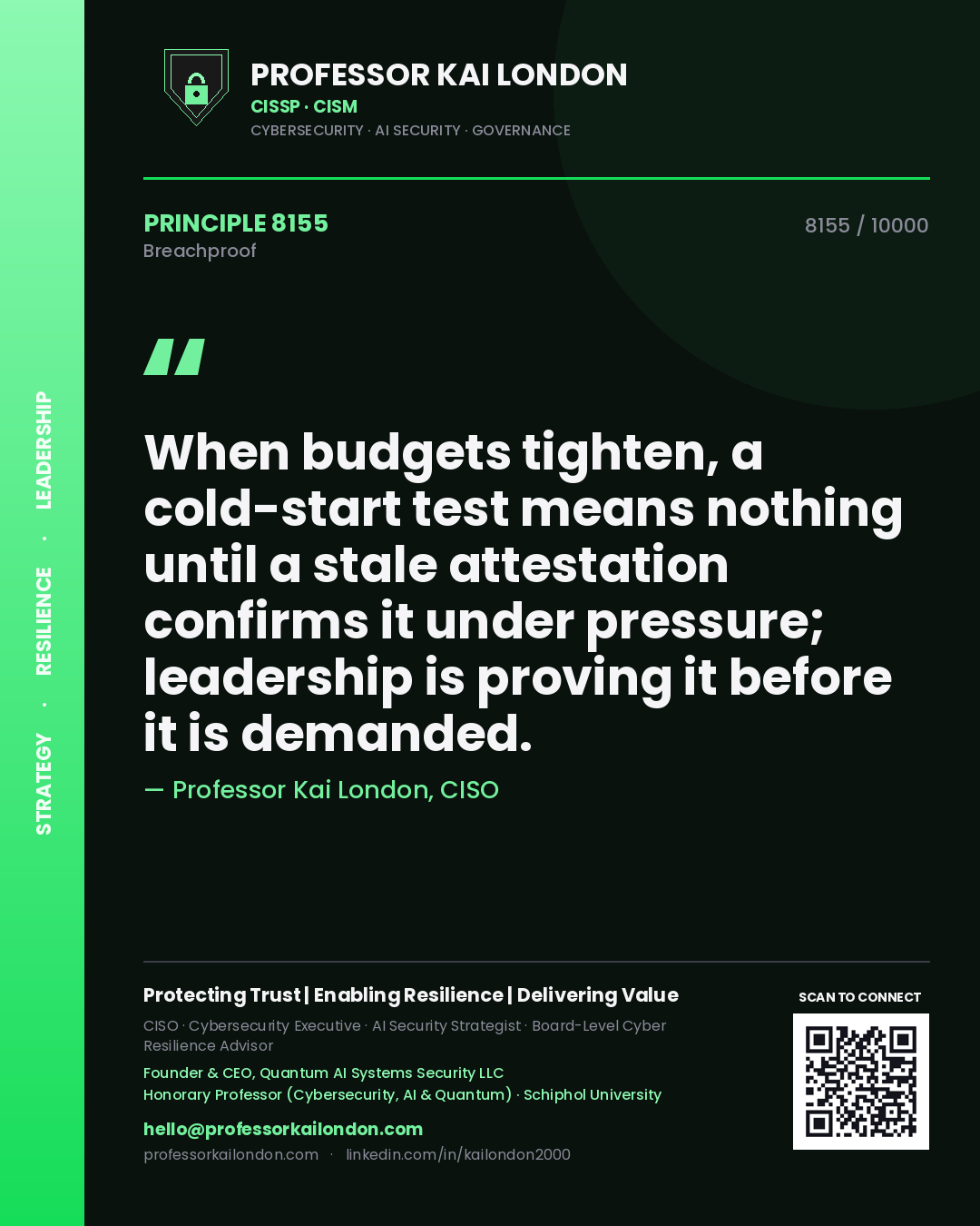 Quote card by Professor Kai London reading 'When budgets tighten, a cold-start test means nothing until a stale attestation confirms it under pressure; leadership is proving it before it is demanded.'. From the book Breachproof.